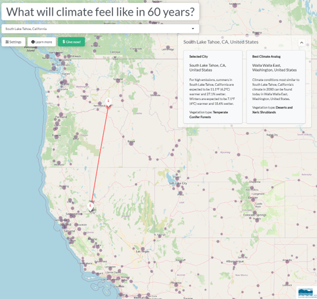 Projected map of Tahoe Climate with unchecked emissions